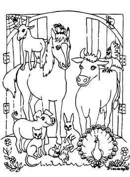 In de stal, kleurplaat van Paarden