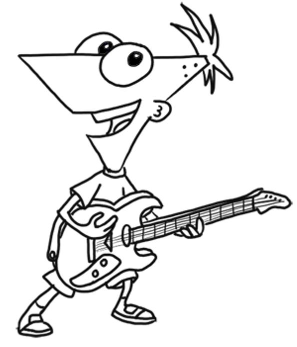 Phineas speelt guitaar, kleurplaat van Phineas en ferb