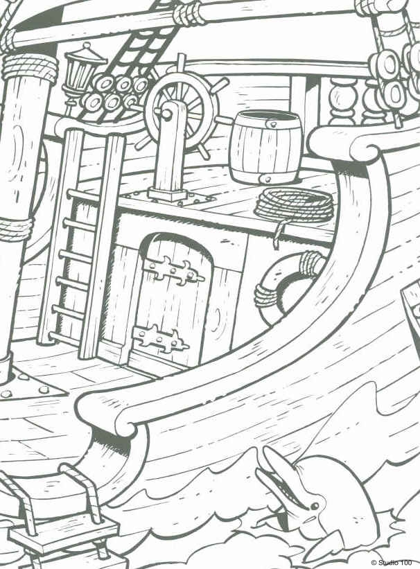 Schip met dolfijn, kleurplaat van Piet Piraat