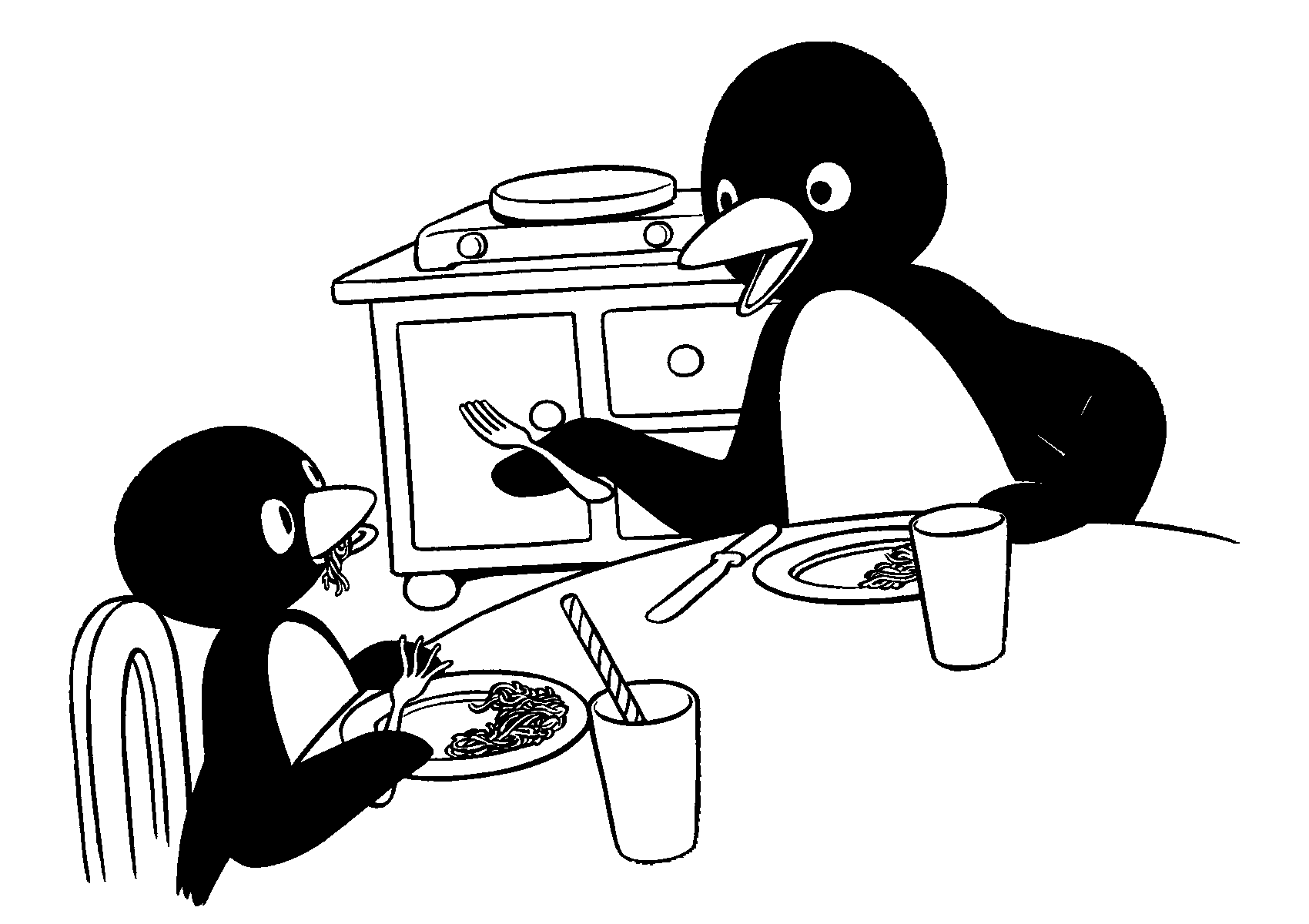 Print Pingu eet spaghetti kleurplaat