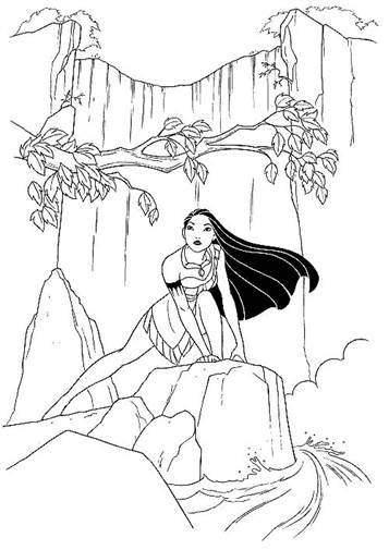 Pocahontas bij de aterval, kleurplaat van Pocahontas