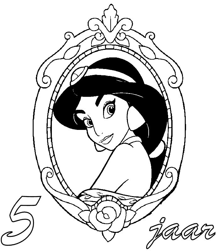 Jasmin 5 jaar, kleurplaat van Prinsessen verjaardag