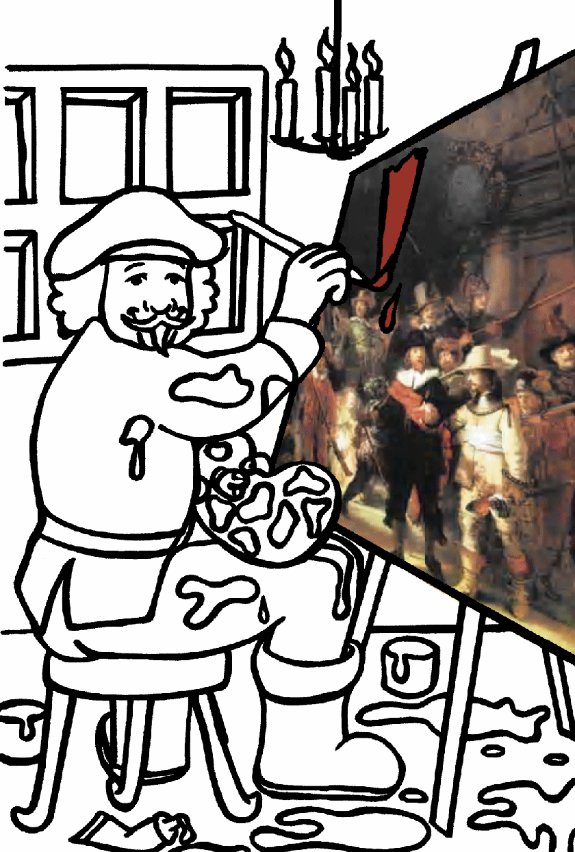 Print Rembrandt schlidert Nachtwacht kleurplaat