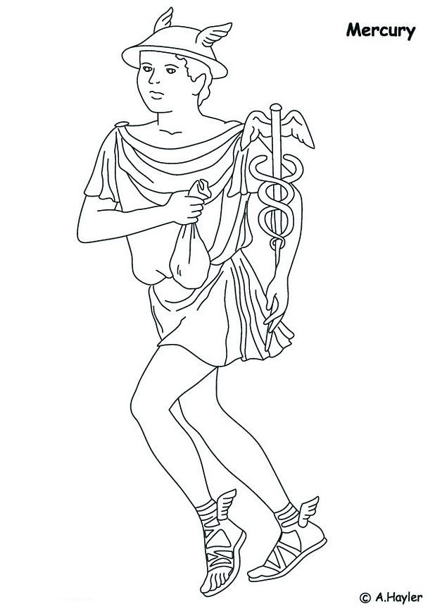 Print Mercurius, god van de handel, reizigers en winst kleurplaat