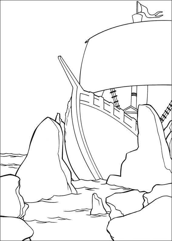 Het schip loopt olp de rotsen, kleurplaat van Shrek de Derde (Shrek 3)