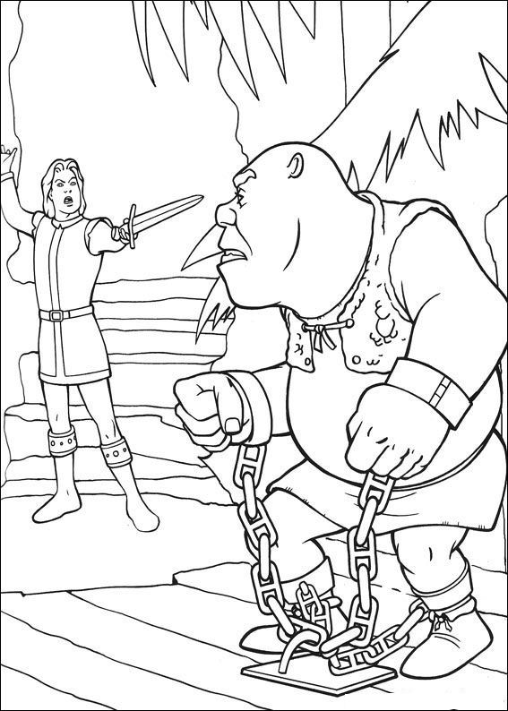 Shrek gevangen op het toneel, kleurplaat van Shrek de Derde (Shrek 3)