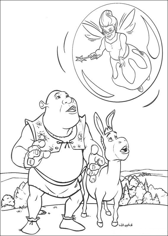 Print Shrek, de ezel en goede fee kleurplaat