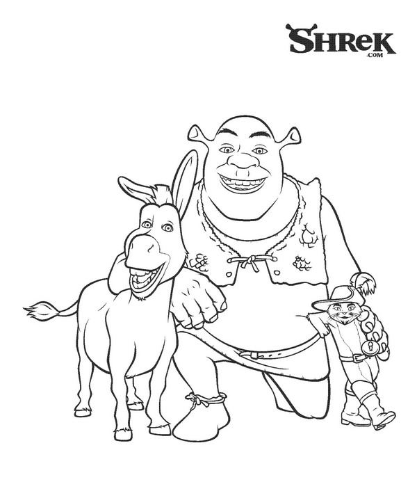 Print Shrek, Ezel en de gelaarsde kat kleurplaat