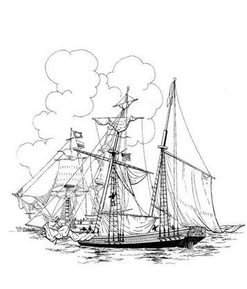 Amerikaanse marine valt Amistad aan, kleurplaat van Slavernij Opstand op de Amistad