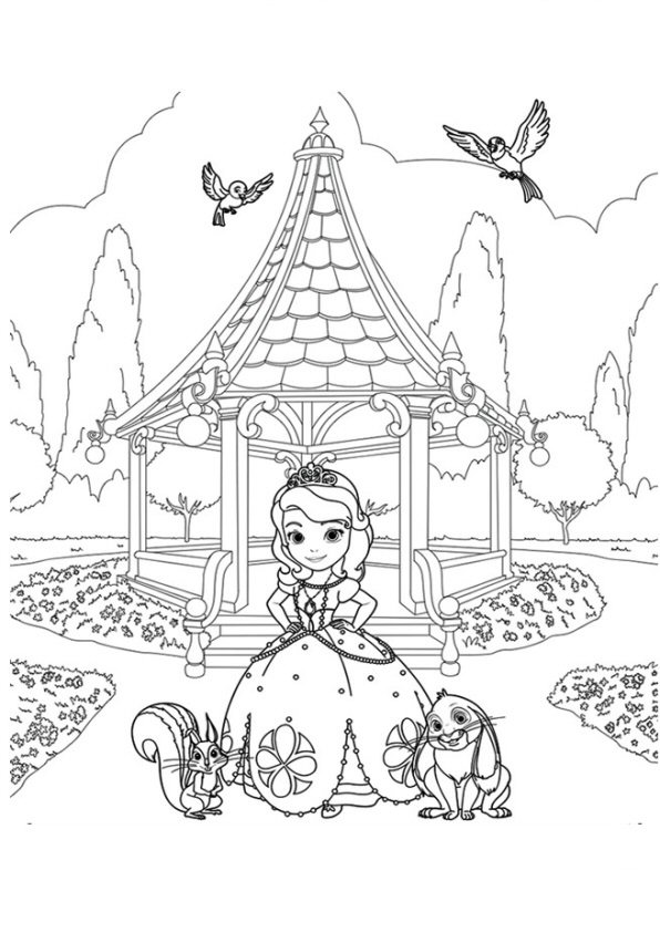 sofia in de tuin, kleurplaat van Sofia het prinsesje