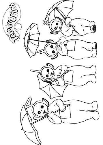 Teletubbies met paraplu, kleurplaat van Teletubbies