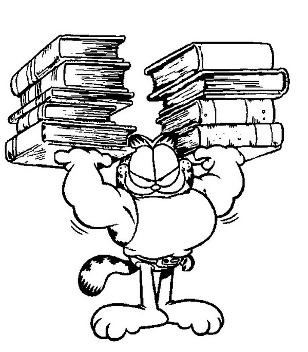 Garfield met zijn schoolboeken, kleurplaat van Terug naar school