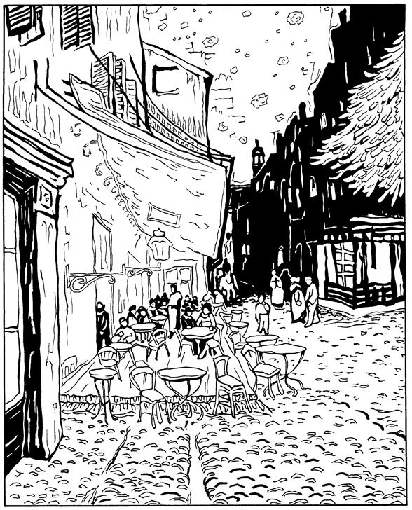 Caféterras bij nacht 1888, kleurplaat van Vincent van Gogh