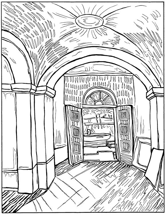 Ingang Asylum 1889, kleurplaat van Vincent van Gogh