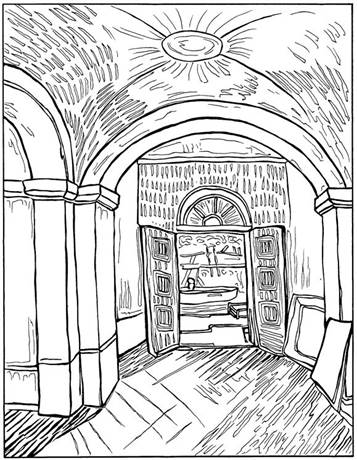 Ingang Asylum 1889, kleurplaat van Vincent van Gogh
