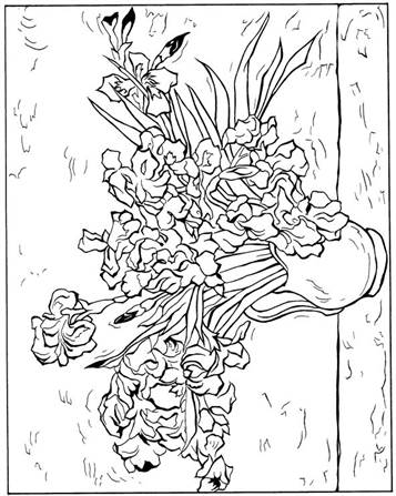 Irissen 1890, kleurplaat van Vincent van Gogh