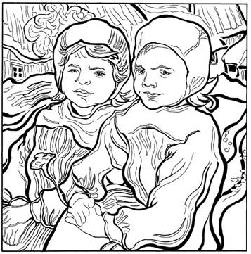 Twee kleine meisjes 1890, kleurplaat van Vincent van Gogh