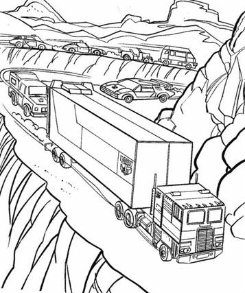Vrachtwagen door de bergen, kleurplaat van Vrachtwagens