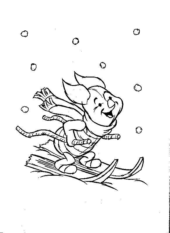Knorretje skiet, kleurplaat van Winnie de Pooh en Knorretje