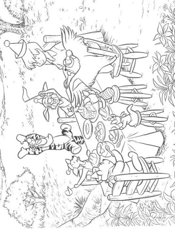 Met z'n alle aan tafel, kleurplaat van Winnie de Pooh